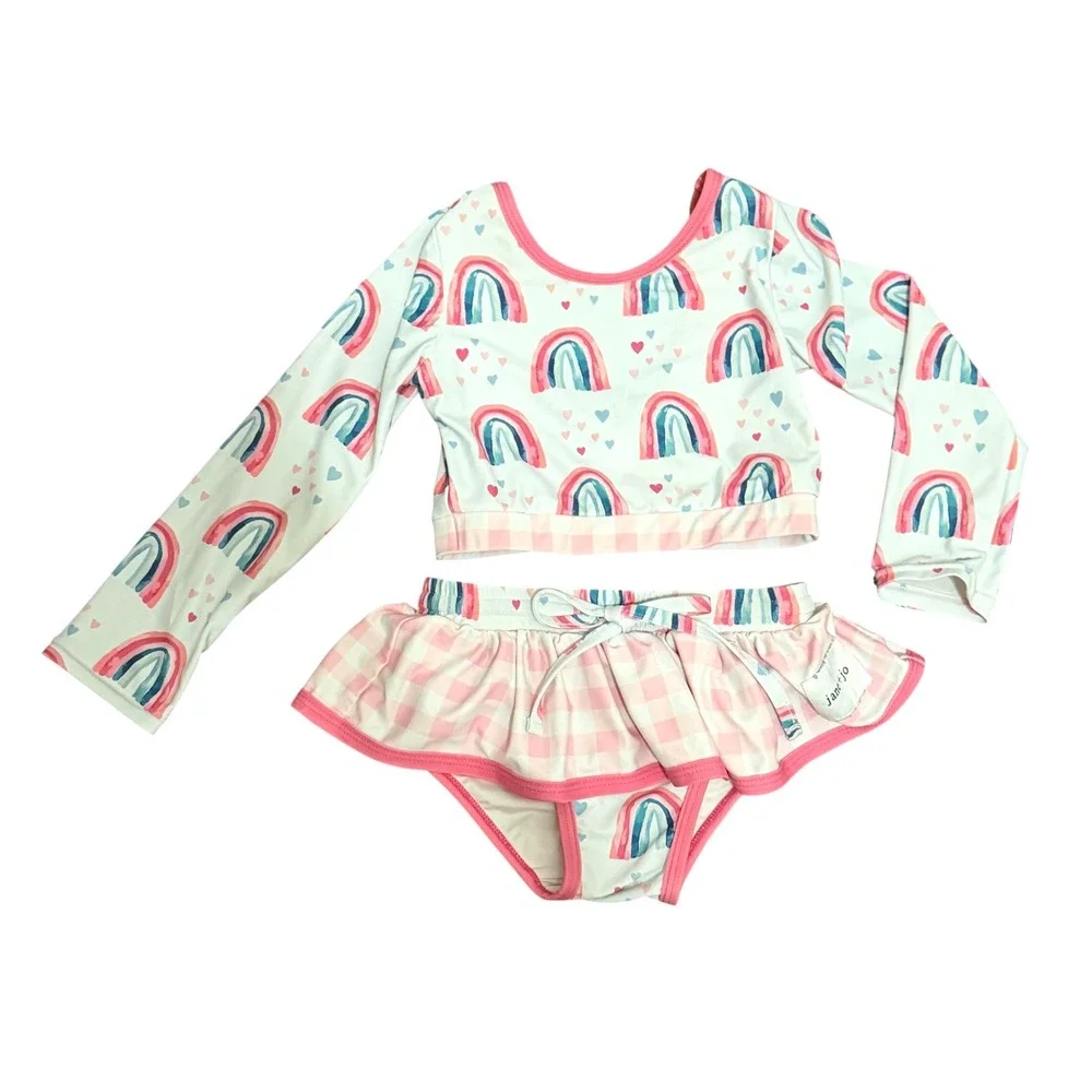 Jane +‎ Jo Girls 4T Rainbow Heart Long Sleeve Rash Guard Bikini Set Whimsical